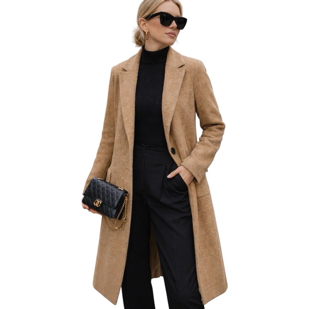 Avec Les‎ Filles Camel Wool Blend Herringbone Longline Smart Casual Coat